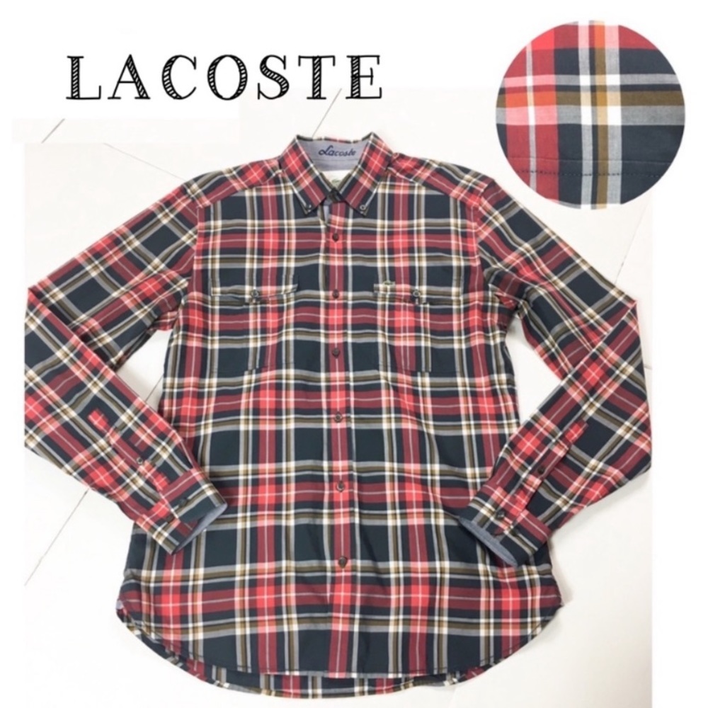 Lacoste Slim Fit Plaid Casual Button Down Shirt in Red Black Size S